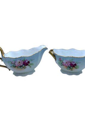 Vintage Glowienka Porcelain Creamer & Sugar Set Floral Gold Handles Hand Painted
